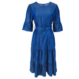 Women's Puff Sleeve Round Neck Fashion Denim Dress