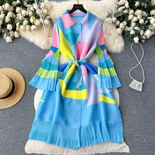 Print Women Summer Loose Slim Fit Casual Pleated Dress