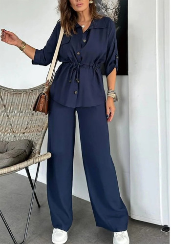 Women Autumn Casual Solid Drawstring Patch Pocket Button Top and Pant Two Piece Set