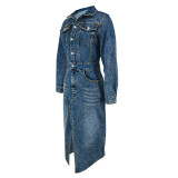 Women's Turndown Collar Button Long Sleeve Slit Denim Long Dress
