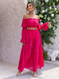 Women Solid Sexy Long Sleeve Off Shoulder Top and Skirt Two Piece Set