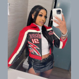 Women Embroidered Turndown Collar Zipper Crop Jacket