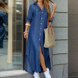 Spring Autumn Fashion Turndown Collar Button Denim Long Sleeve Long Dress