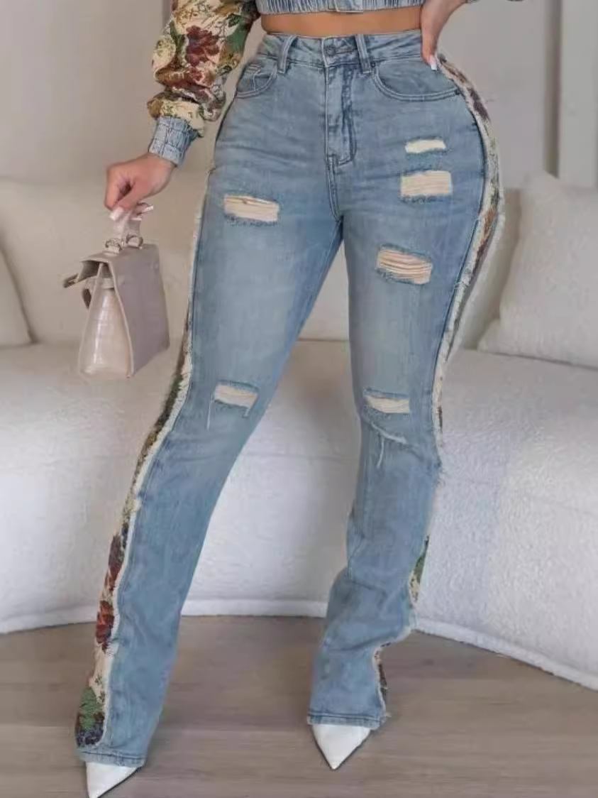Women Fall Retro Patchwork Camouflage Print Top and Denim Pants Two Piece Set