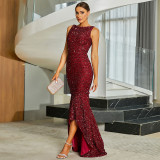 Women long-sleeved round neck sexy sequin Formal Party bridesmaid dress fishtail Maxi evening dress