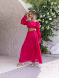 Women Solid Sexy Long Sleeve Off Shoulder Top and Skirt Two Piece Set
