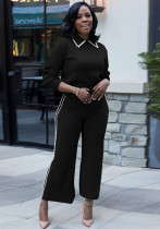 Women Casual Pearl Double-Breasted Turndown Collar Top and Pant Two Piece Set