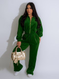 Women long-sleeved Turndown Collar zipper Top and pants Two Piece Set