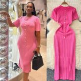 Chic Knitting Round Neck Single-Breasted Short-Sleeved Slim Midi Dress