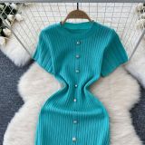 Chic Knitting Round Neck Single-Breasted Short-Sleeved Slim Midi Dress
