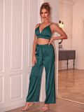 Women Solid Sexy V-Neck Strapless Top and Trousers Two Piece Set