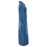 Women's Long Sleeve Turndown Collar Denim Button Slit Long Dress