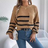 Women Casual contrast striped pocket lantern sleeve sweater