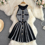 Summer Halter Neck Sleeveless Slim Waist A-Line Knitting Dress