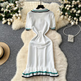 Women's Turndown Collar Contrast Slim Waist Slim Fit Ruffles Knitting Dress