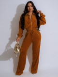 Women long-sleeved Turndown Collar zipper Top and pants Two Piece Set