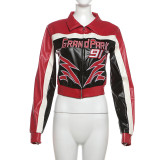 Women Embroidered Turndown Collar Zipper Crop Jacket