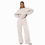 Women Solid long-sleeved Round Neck Top and wide-leg pants Two Piece Set