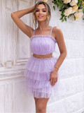 Women Sexy Solid Mesh Strapless Top Skirt Two Piece Set