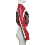 Women Embroidered Turndown Collar Zipper Crop Jacket