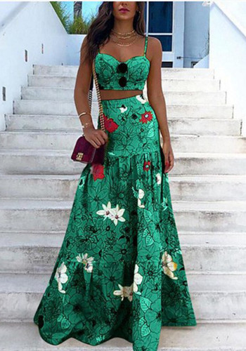 Spring Summer Printed Strap Two-Piece Skirt Set