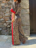 Women's Casual Leopard Print Contrast Short Sleeve Button Top Wide Leg Pants Two Piece Set