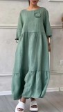 Women's Round Neck Pleated Long Sleeve Drawstring Back Tie Solid Color Casual Loose Dress