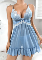 Blue Sexy Lace Strap See-Through Mesh Erotic Lingerie Women Nightdress
