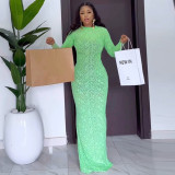 Autumn Round Neck Long Sleeve Flocking Slim Women Dress