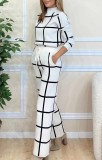 Women Casual Long Sleeve Plaid Print Top and Drawstring Wide Leg Pants Two Piece Set