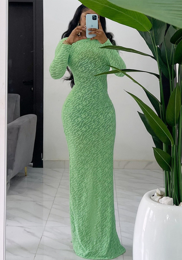 Autumn Round Neck Long Sleeve Flocking Slim Women Dress