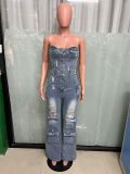 Women Casual Strapless Cargo Denim Jumpsuit
