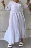 Women's Round Neck Pleated Long Sleeve Drawstring Back Tie Solid Color Casual Loose Dress