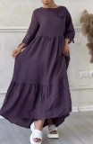 Women's Round Neck Pleated Long Sleeve Drawstring Back Tie Solid Color Casual Loose Dress