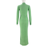 Autumn Round Neck Long Sleeve Flocking Slim Women Dress