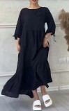 Women's Round Neck Pleated Long Sleeve Drawstring Back Tie Solid Color Casual Loose Dress