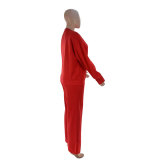 Women Solid long-sleeved Round Neck Top and wide-leg pants Two Piece Set