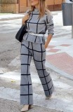 Women Casual Long Sleeve Plaid Print Top and Drawstring Wide Leg Pants Two Piece Set