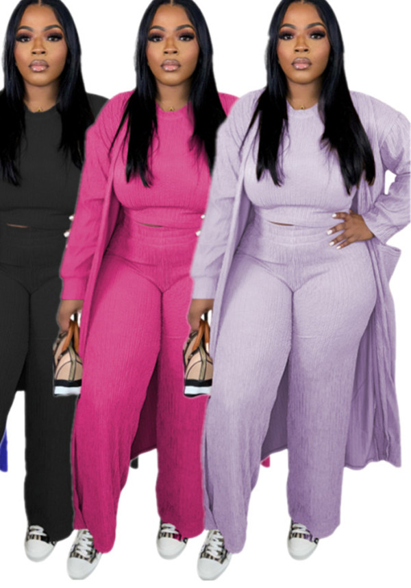 Women Autumn Winter Solid Color Casual Fashion Coat Loose Stretch Pants Three-Piece Set