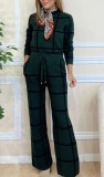 Women Casual Long Sleeve Plaid Print Top and Drawstring Wide Leg Pants Two Piece Set