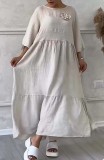 Women's Round Neck Pleated Long Sleeve Drawstring Back Tie Solid Color Casual Loose Dress