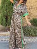 Women's Casual Leopard Print Contrast Short Sleeve Button Top Wide Leg Pants Two Piece Set
