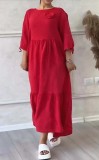 Women's Round Neck Pleated Long Sleeve Drawstring Back Tie Solid Color Casual Loose Dress