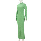 Autumn Round Neck Long Sleeve Flocking Slim Women Dress