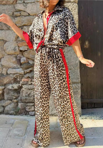 Women's Casual Leopard Print Contrast Short Sleeve Button Top Wide Leg Pants Two Piece Set
