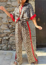 Women's Casual Leopard Print Contrast Short Sleeve Button Top Wide Leg Pants Two Piece Set Women's Casual Leopard Print Contrast Short Sleeve Button Top Wide Leg Pants Two Piece Set