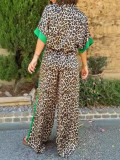 Women's Casual Leopard Print Contrast Short Sleeve Button Top Wide Leg Pants Two Piece Set