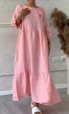 Women's Round Neck Pleated Long Sleeve Drawstring Back Tie Solid Color Casual Loose Dress