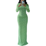 Autumn Round Neck Long Sleeve Flocking Slim Women Dress