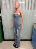 Women Casual Strapless Cargo Denim Jumpsuit